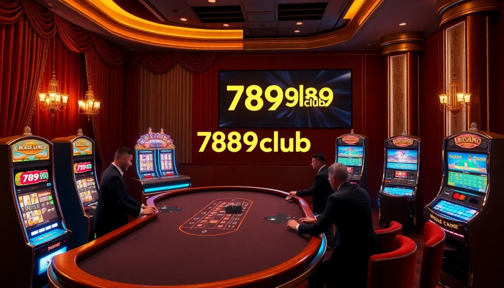 An engaging scene from 789club featuring players at a luxury casino table, showcasing vibrant slot machines and professional croupiers.