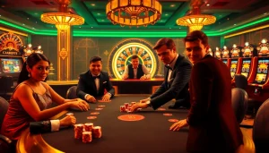 Experience thrilling casino action at DH88 with players engaged in high-stakes poker amidst elegant surroundings.