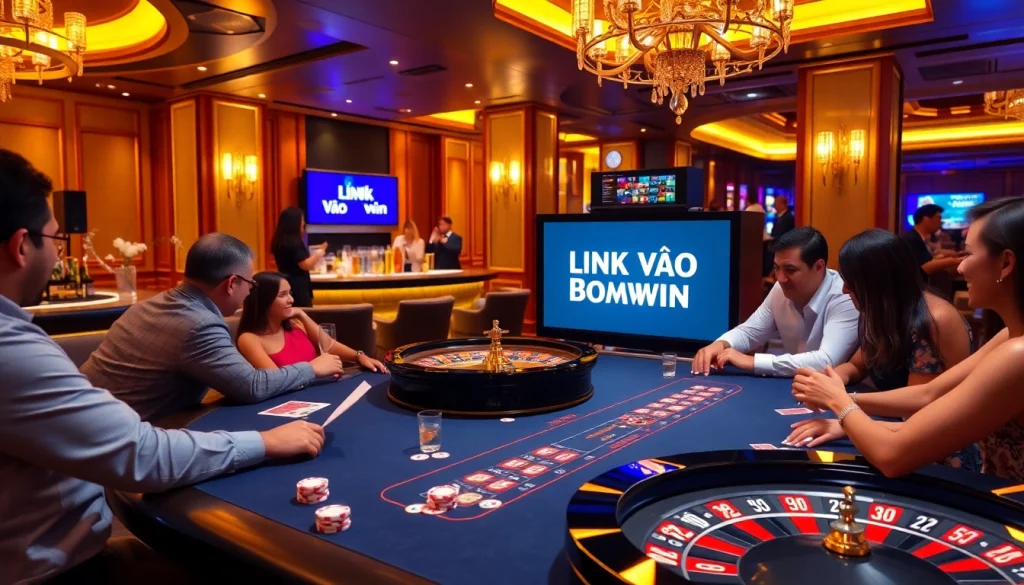 Exciting gaming atmosphere at BOMWIN showcasing LINK VÀO Bomwin with players enjoying card games and roulette.