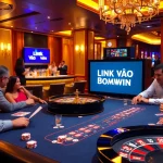 Exciting gaming atmosphere at BOMWIN showcasing LINK VÀO Bomwin with players enjoying card games and roulette.