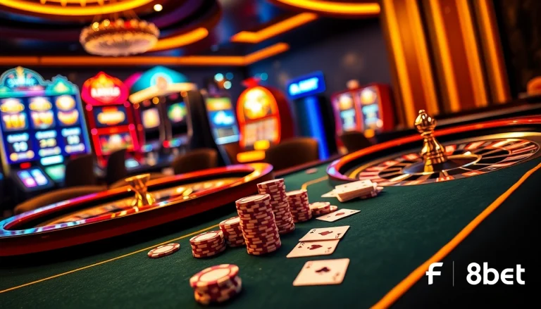 Players enjoy thrilling casino games at F8bet, featuring poker tables and slot machines in a vibrant setting.