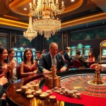 Excited players place bets at a luxurious casino table featuring Haywin chips and sophisticated decor.