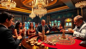 Excited players place bets at a luxurious casino table featuring Haywin chips and sophisticated decor.
