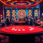 B52-themed gambling scene featuring luxurious poker tables and vibrant slot machines.