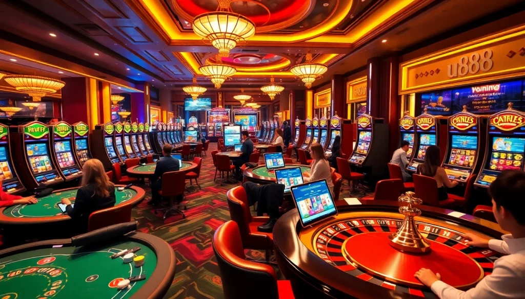 Engaging scene of players enjoying u888 online casino games with vibrant slot machines and roulette.