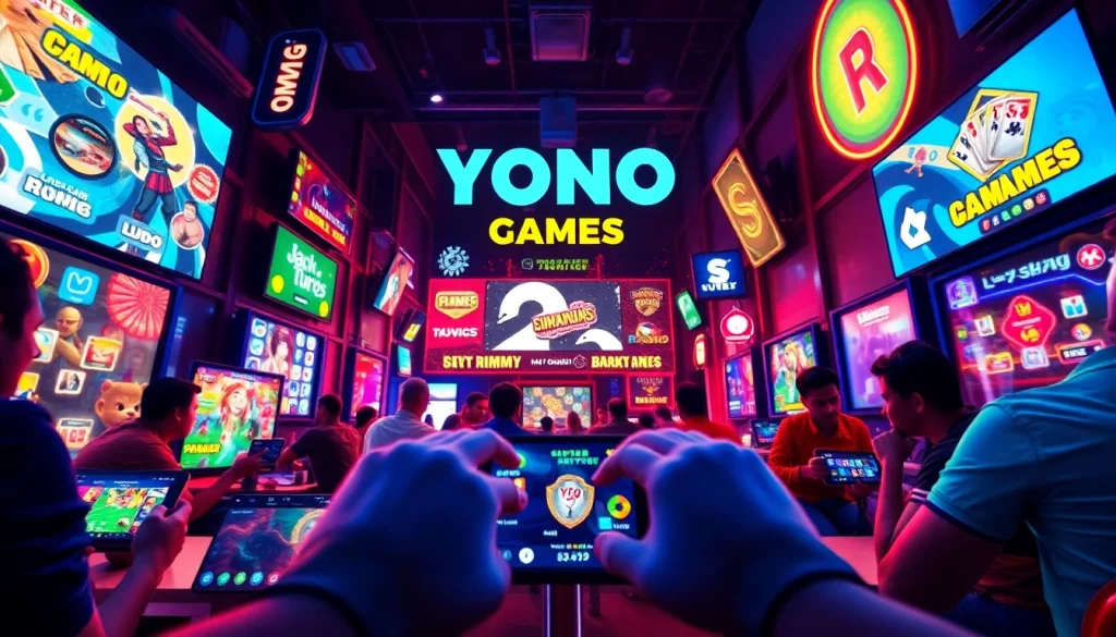 Yono Games showcased in a vibrant gaming environment with colorful graphics, mobile devices, and engaged players.