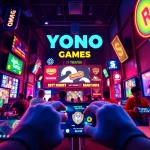 Yono Games showcased in a vibrant gaming environment with colorful graphics, mobile devices, and engaged players.