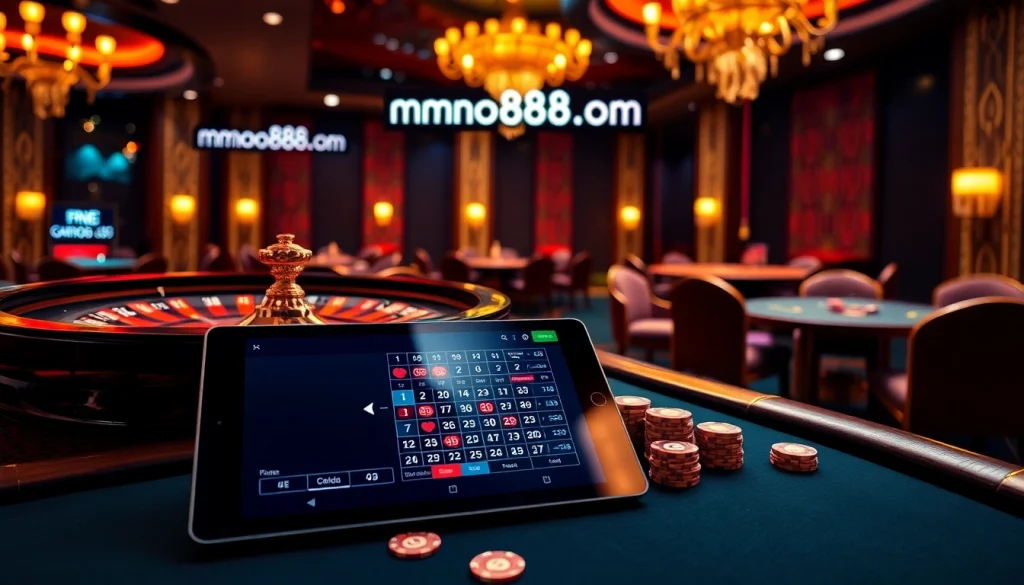 Engage at mmoo88.us.com with thrilling roulette and poker games showcasing vibrant chips and cards.