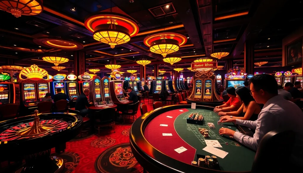 Players enjoy a thrilling game experience at Jun88 casino with tables and vibrant slot machines.