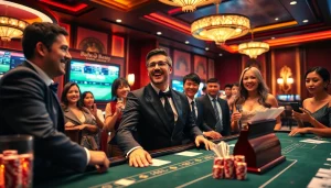 Excited players engaging in kèo bóng đá betting at a vibrant casino table with illuminated odds screens.