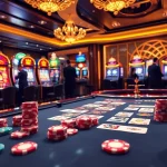 Experience the allure of gambling at http://8kbetok.com/ with a luxurious casino scene showcasing vibrant gaming excitement.