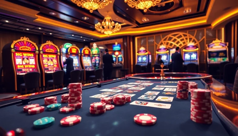 Experience the allure of gambling at http://8kbetok.com/ with a luxurious casino scene showcasing vibrant gaming excitement.