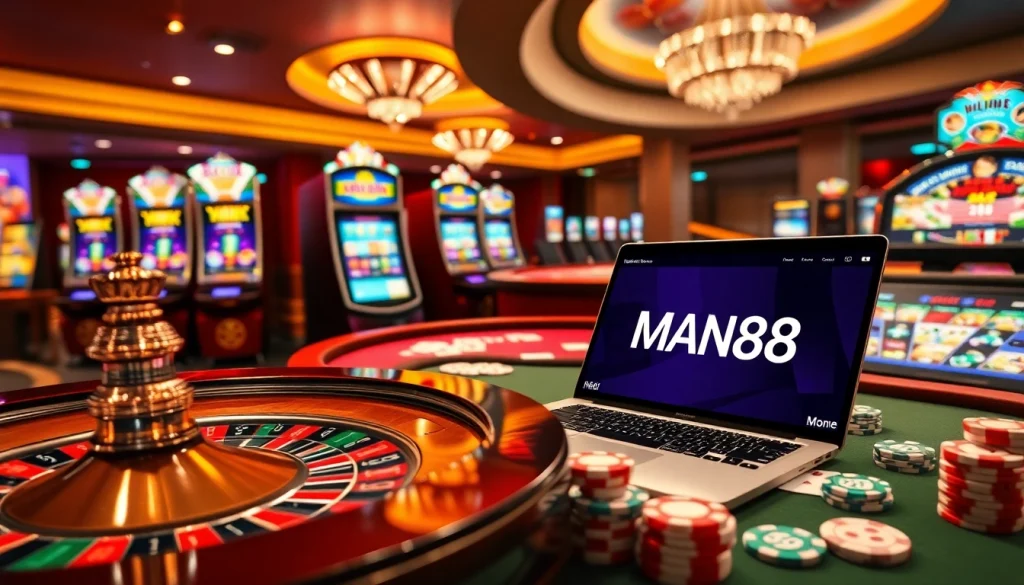 Players enjoying online games at Man88, featuring vibrant slot machines and dynamic roulette wheel.