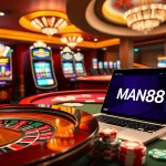 Players enjoying online games at Man88, featuring vibrant slot machines and dynamic roulette wheel.