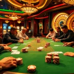 Exciting game action at a poker table at 789f, showcasing players and cards during Texas Hold'em.
