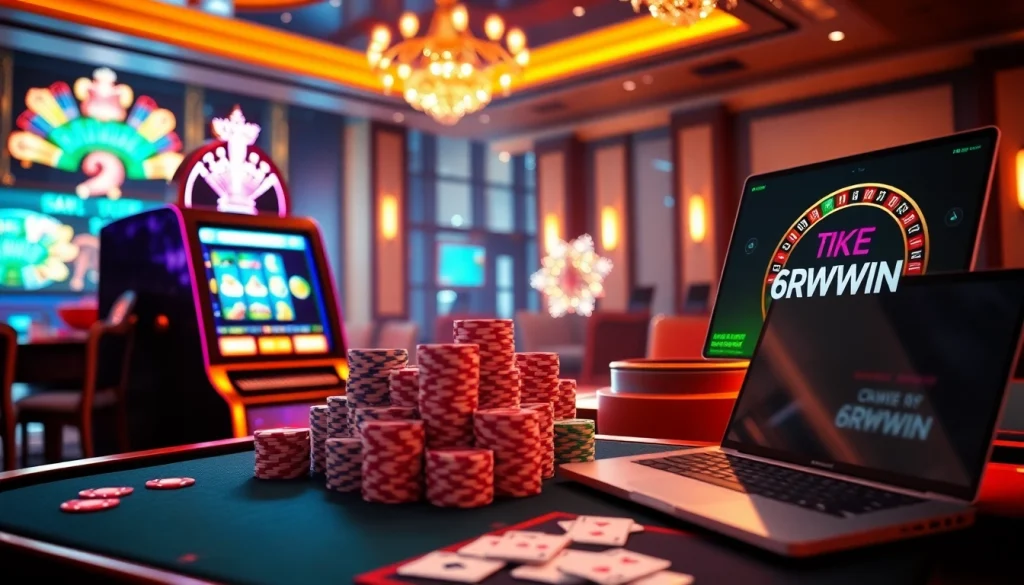 Experience the thrill of online gaming with 6RWIN featuring a luxurious casino setup and vibrant betting tables.