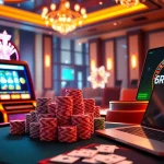 Experience the thrill of online gaming with 6RWIN featuring a luxurious casino setup and vibrant betting tables.