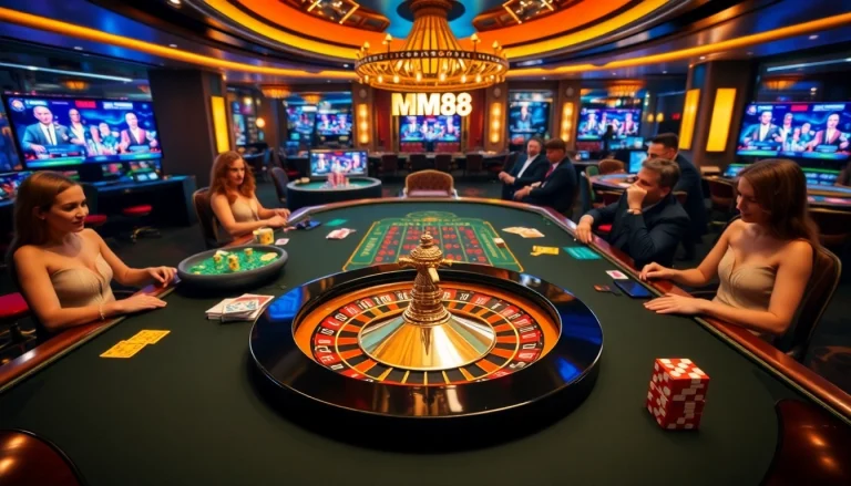 Experience thrilling gameplay at MM88 with live casino action, poker chips, and colorful gaming elements.