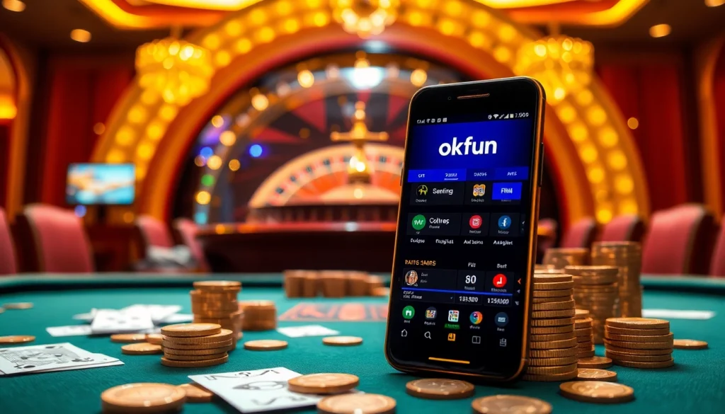Players enjoying the benefits of the app okfun while engaging in a lively casino atmosphere with poker chips.