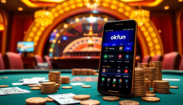 Players enjoying the benefits of the app okfun while engaging in a lively casino atmosphere with poker chips.