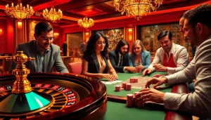 Players at a poker table celebrating a win55 gambling victory amidst a luxurious casino atmosphere.