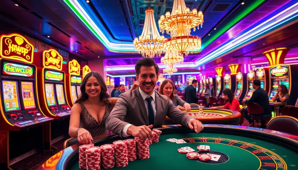 Hitclub casino scene with vibrant slot machines and players engaging in poker.