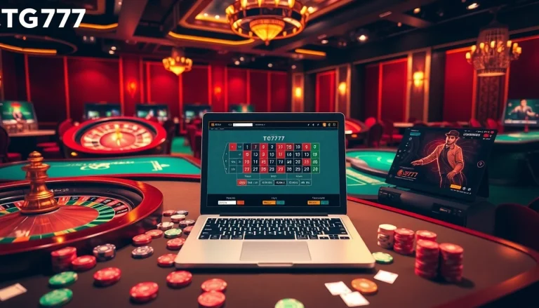 Exciting gaming scene showcasing TG777 with vibrant casino tables, chips, and an online interface.