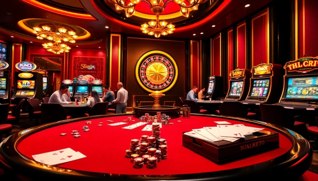 Players enjoying a thrilling poker game at https://slvip1.com.ph/ with vibrant casino elements