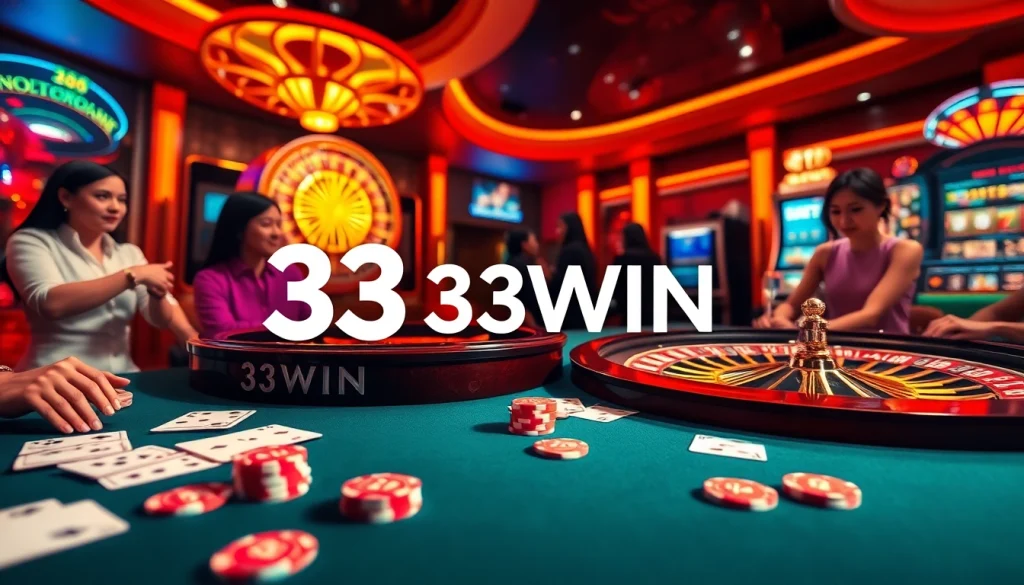 33WIN online gambling scene with casino tables, poker chips, and thrilling game excitement.
