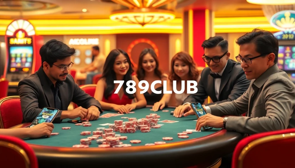 Experience 789CLUB casino action at a vibrant poker table with lively players and colorful chips.