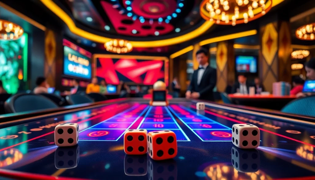 Engaging gameplay of tài xỉu online in a luxurious casino setting with elegant dice and chips.