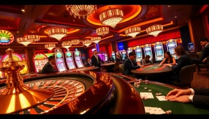 Exciting HITCLUB casino scene with poker games, roulette wheels, and slot machines.
