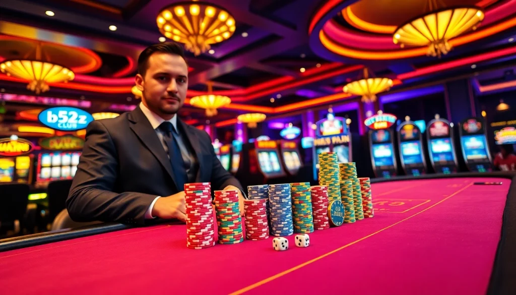 Engaging gaming action at the b52 club casino, featuring vibrant poker chips and a dealer.