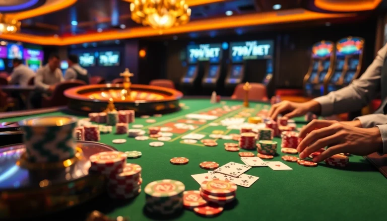 Experience the excitement of 789BET with vibrant casino tables and thrilling games in a professional setting.