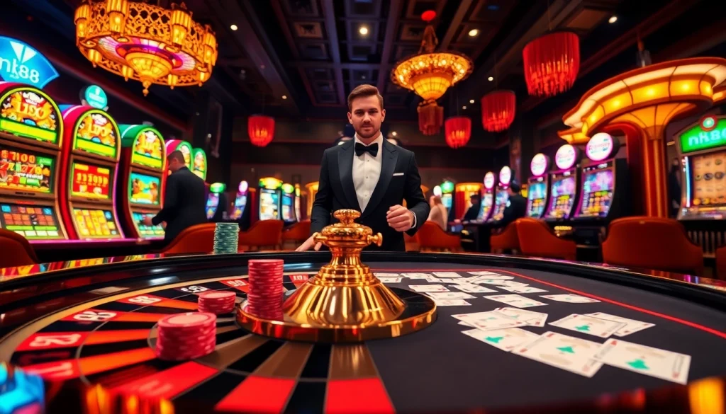 Engaging gamblers at the vibrant casino with nh88-inspired roulette and poker tables.