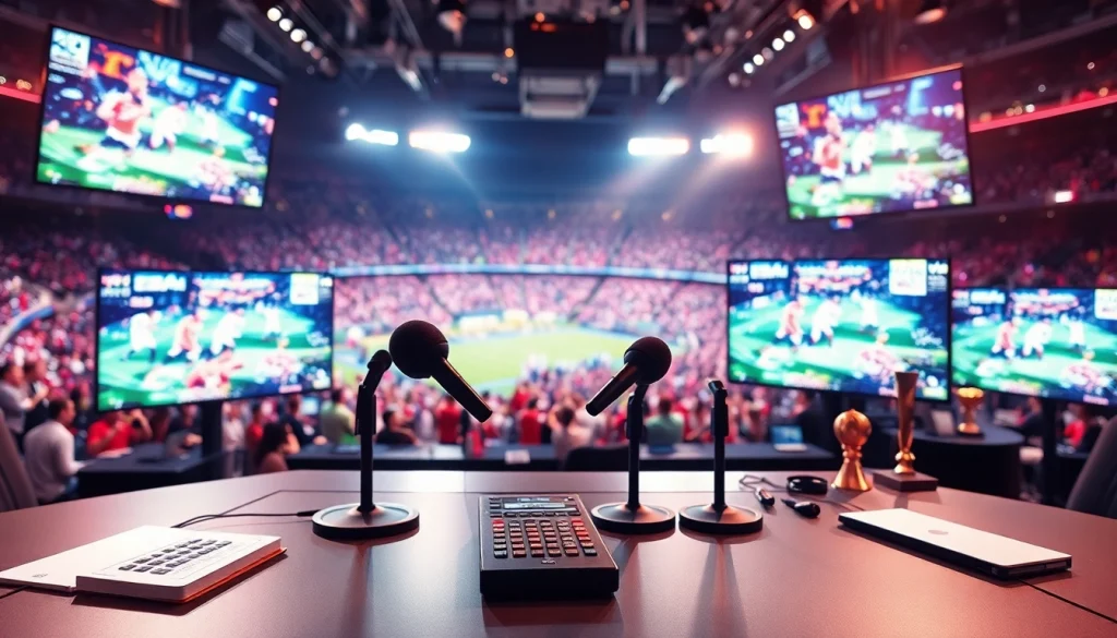 Engaging sports broadcasting studio with live sports coverage and energetic atmosphere.