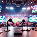 Engaging sports broadcasting studio with live sports coverage and energetic atmosphere.