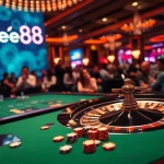 Experience the thrilling atmosphere of ee88 sòng bài with vibrant poker chips and an illuminated roulette wheel.