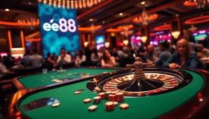 Experience the thrilling atmosphere of ee88 sòng bài with vibrant poker chips and an illuminated roulette wheel.