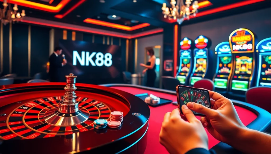 Experience NK88 with vibrant slot machines, poker chips, and a stylish roulette table in this luxurious casino setting.