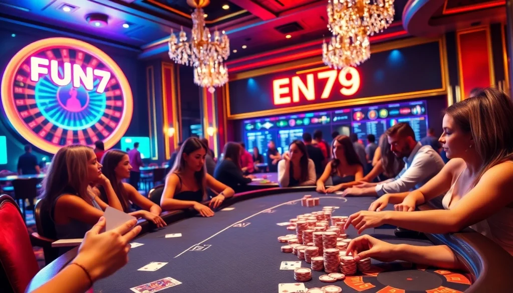 Experience intense betting strategies at a FUN79 high-stakes poker table in a luxurious casino.