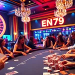 Experience intense betting strategies at a FUN79 high-stakes poker table in a luxurious casino.