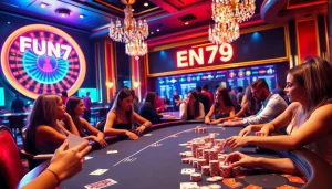 Experience intense betting strategies at a FUN79 high-stakes poker table in a luxurious casino.