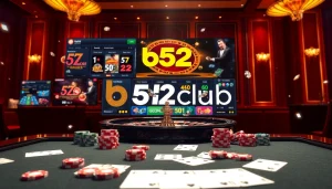 Gamblers enjoy the immersive b52club experience at a luxurious casino table with poker chips and cards.
