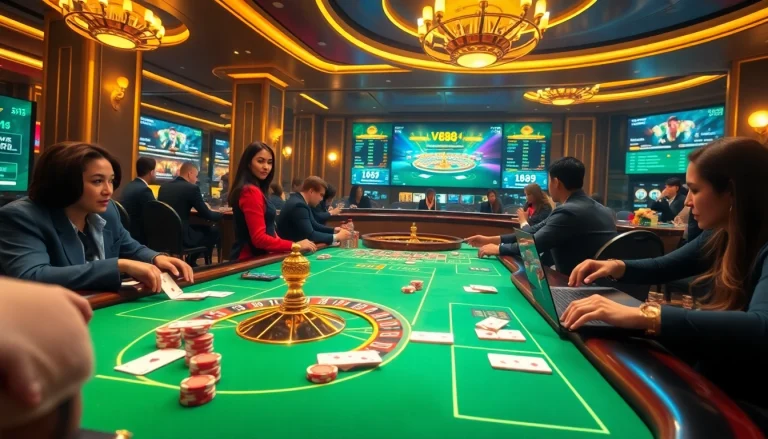 Players enjoying various games at LV88 online casino, featuring poker chips and cards.