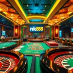 Immersive casino experience with nk88 branding, featuring players at vibrant tables and roulette.