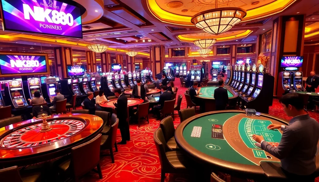 Engaging casino game action at NK88 with vibrant slot machines and excited players.