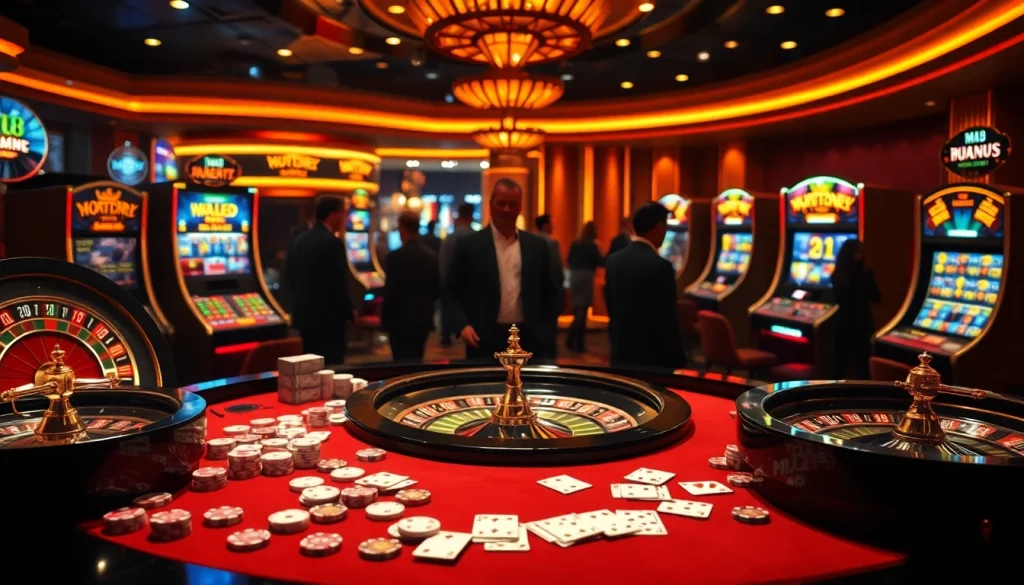 Casino players enjoying a lively game at mk8 with roulette wheels, poker chips, and slot machines.