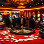 Casino players enjoying a lively game at mk8 with roulette wheels, poker chips, and slot machines.