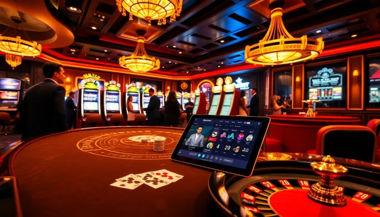 Kubet casino scene showcasing excitement at a poker table with vibrant slot machines in a luxurious setting.